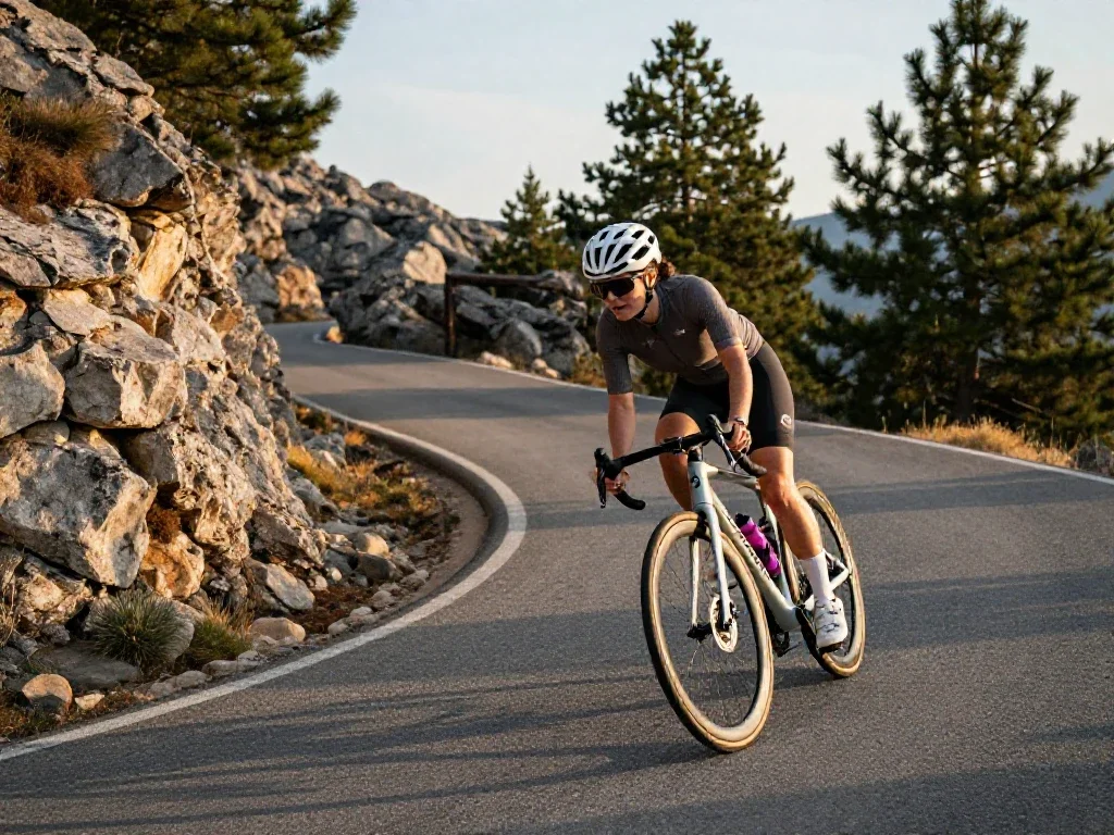 Ciclista ascendiendo un puerto de montaña, reflejando el esfuerzo y la superación personal en el deporte.