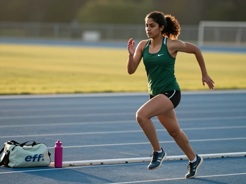 Atleta en pista de atletismo capturada en pleno entrenamiento reflejando el esfuerzo deportivo real.